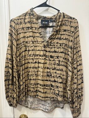 Maeve by Anthropologie Tan and Black Abstract-Print Long-Sleeve Blouse